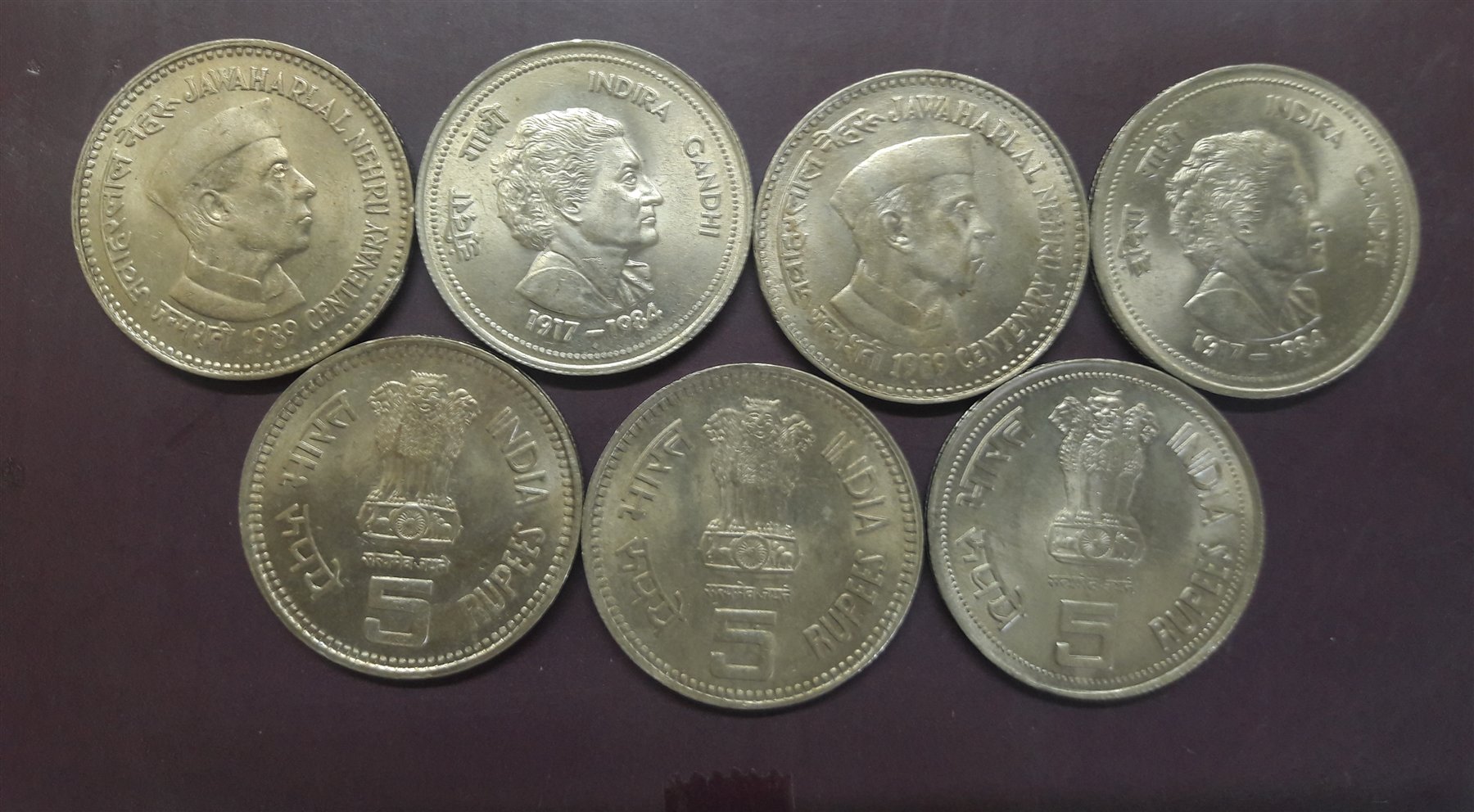 Indian commemorative five-rupee coins featuring Jawaharlal Nehru and Indira Gandhi