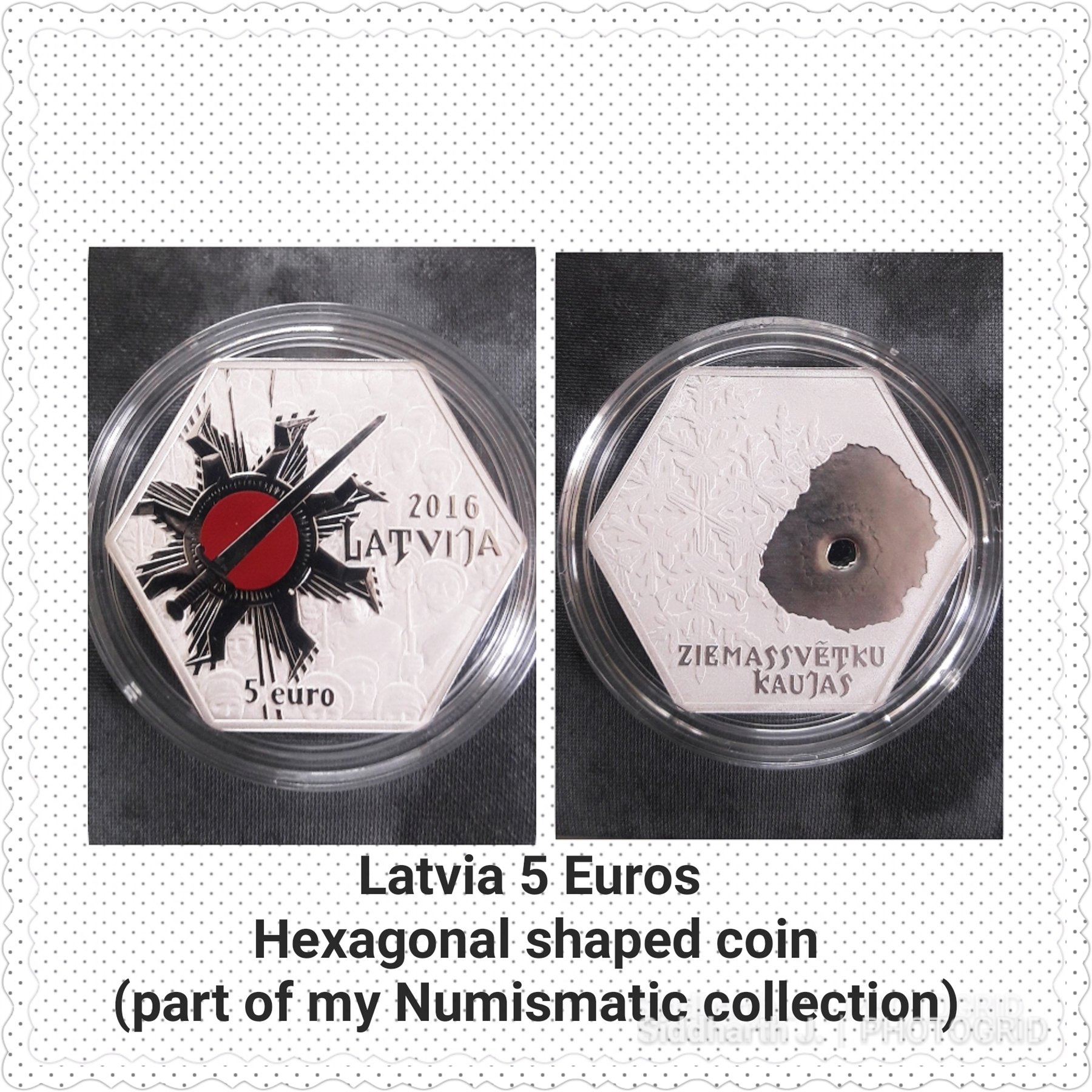 Obverse and reverse of Latvia's 2016 hexagonal five-euro coin