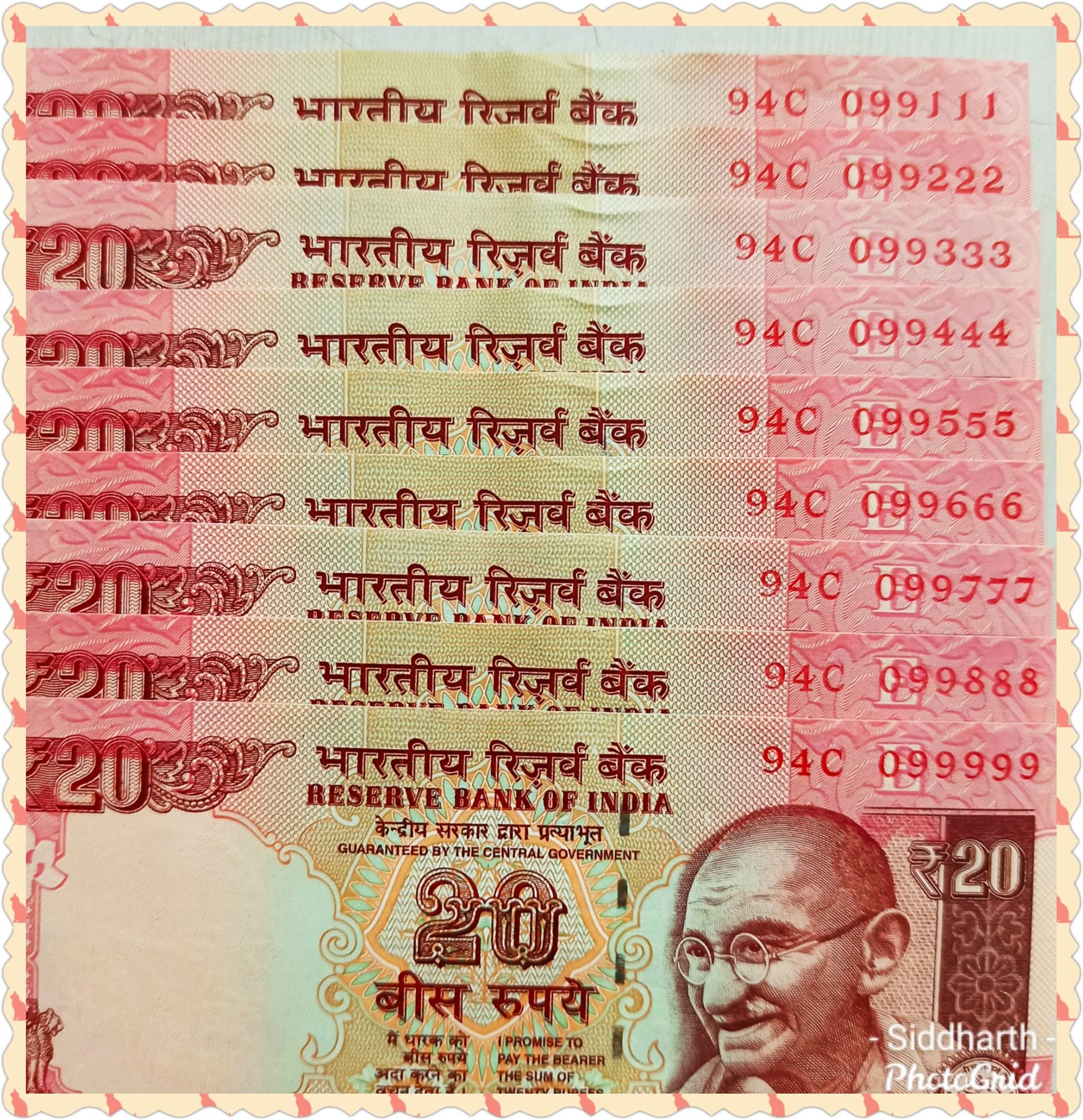 Reserve Bank of India twenty-rupee notes with serials from 099111 through 099999