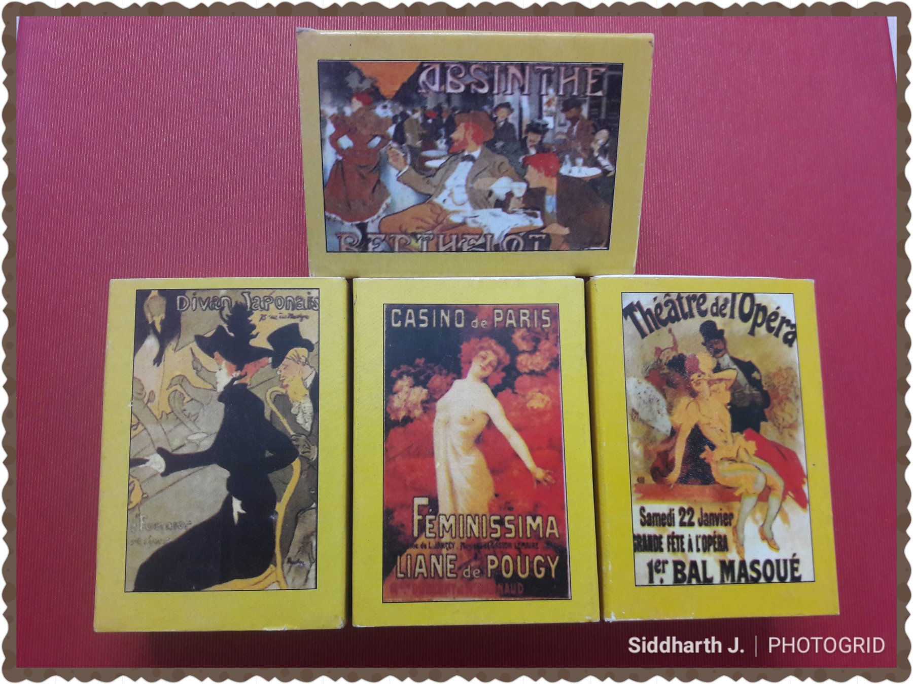Decorative matchboxes featuring vintage Paris cabaret artwork
